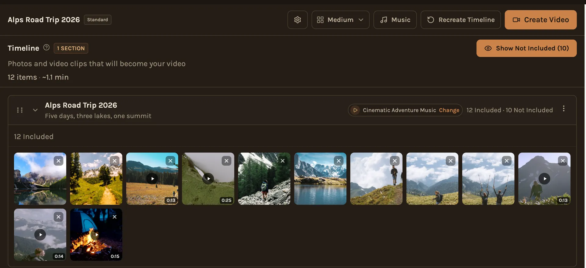 A trip timeline in Kindred Scenes, with the best photos and clips picked, put in order and set to music.