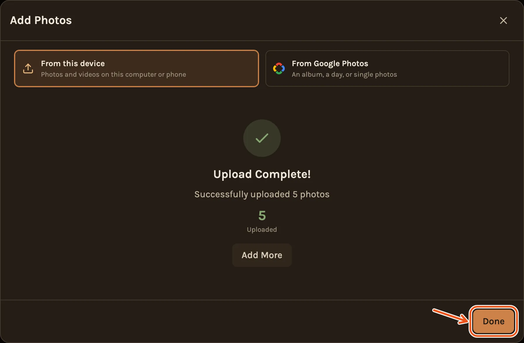 Upload Complete, five photos uploaded, with Done marked.