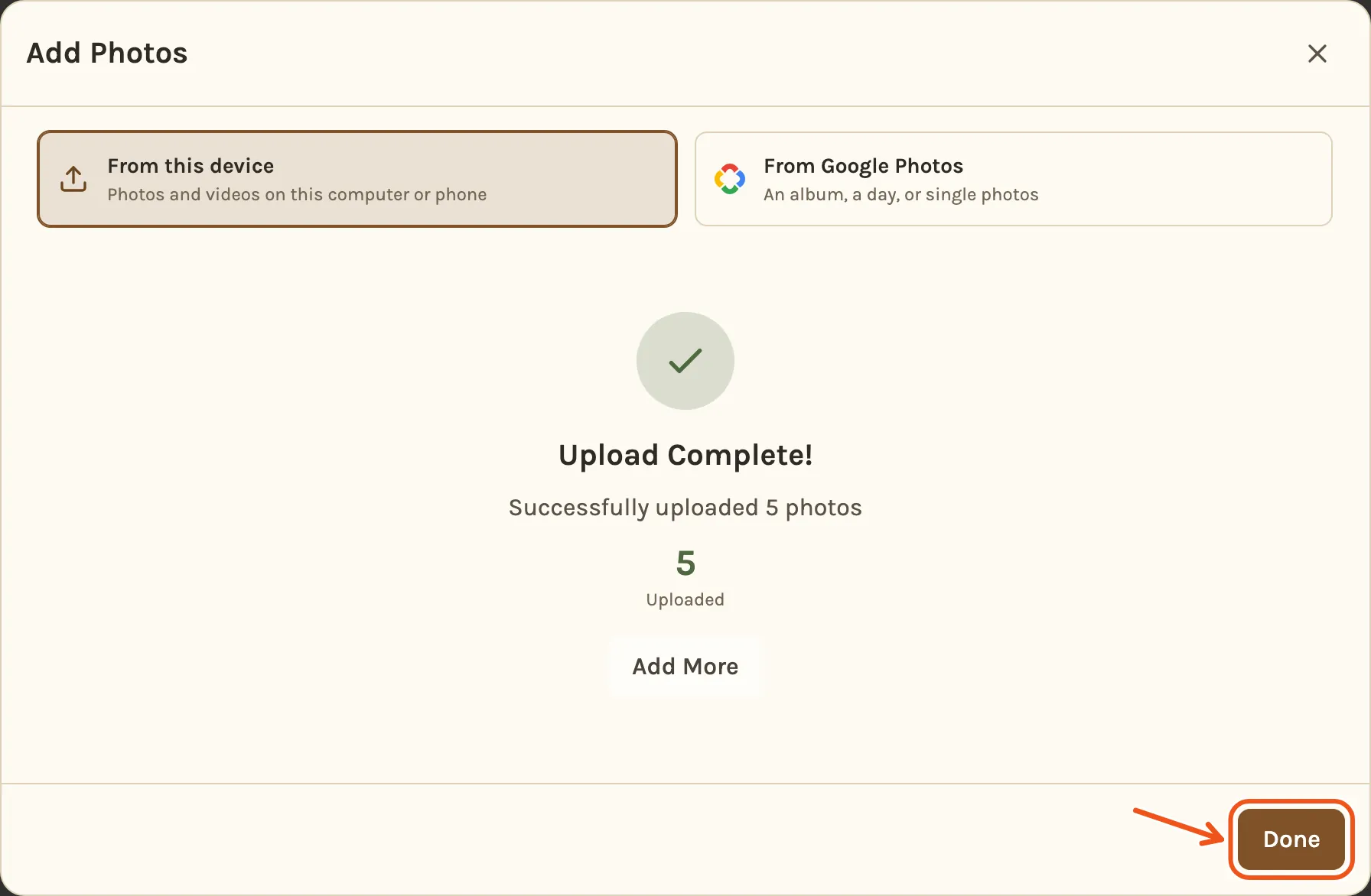 Upload Complete, five photos uploaded, with Done marked.