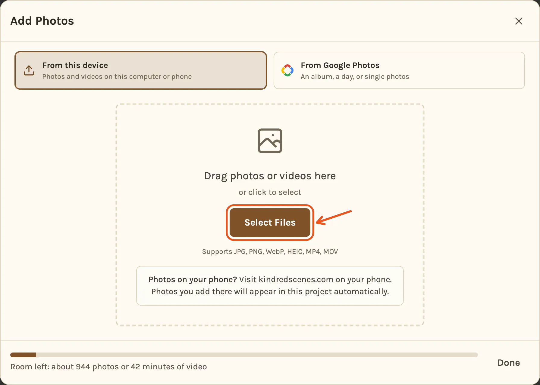 The Add Photos window on From this device, with Select Files marked. A bar at the bottom shows how much room the project has left.