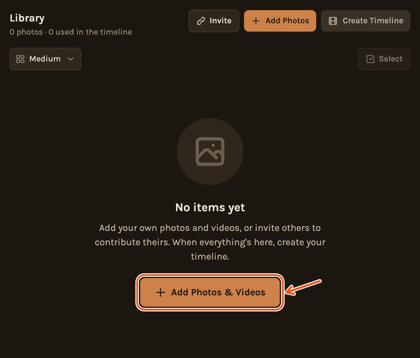 A new project's empty Library, with Add Photos & Videos marked in the middle.