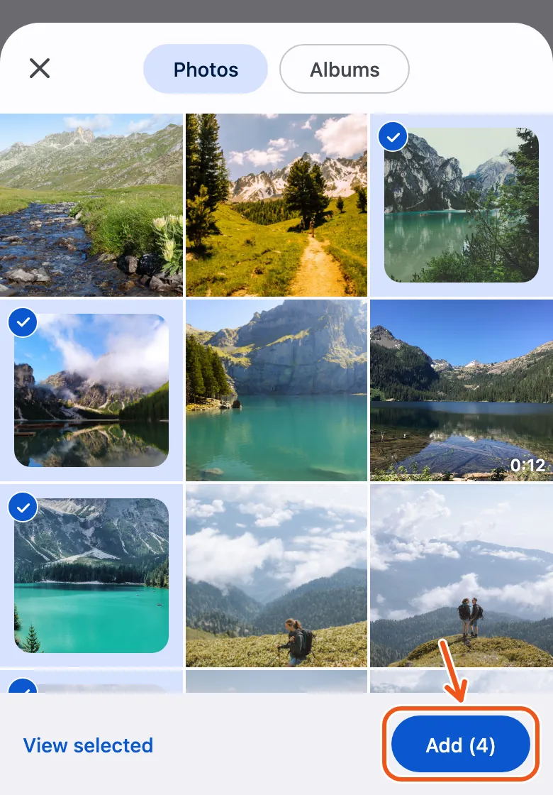 Android's photo picker with four photos ticked, and Add (4) marked at the bottom right.