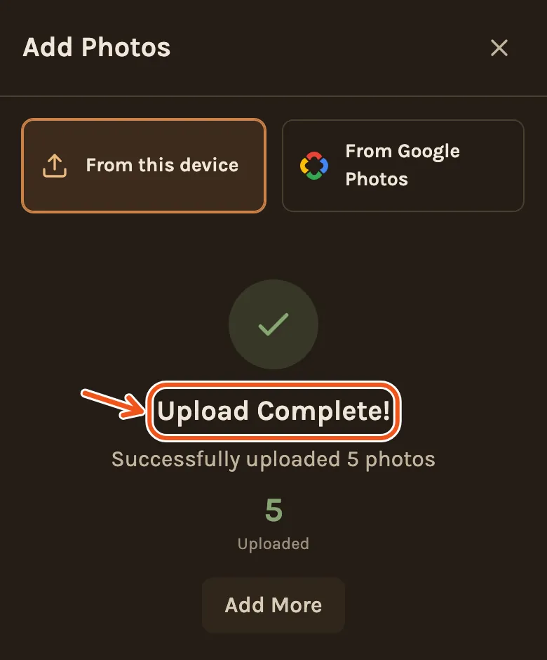 Upload Complete on a phone, five photos uploaded.