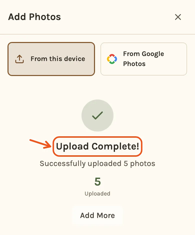 Upload Complete on a phone, five photos uploaded.
