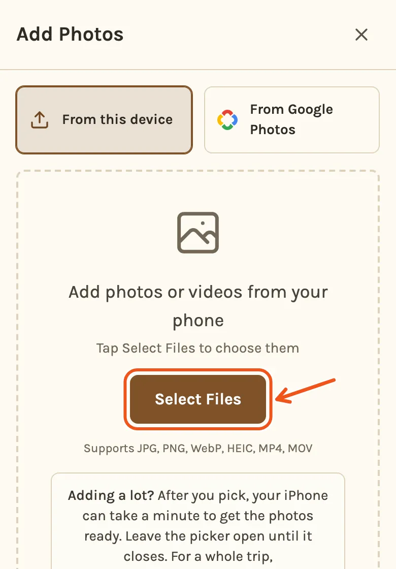 The Add Photos screen on a phone, with Select Files marked.