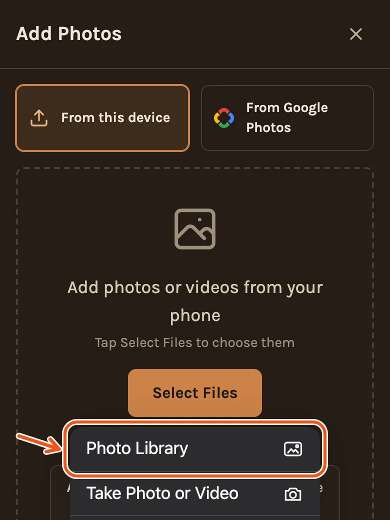 The iPhone's menu under Select Files: Photo Library, Take Photo or Video, Choose Files, with Photo Library marked.
