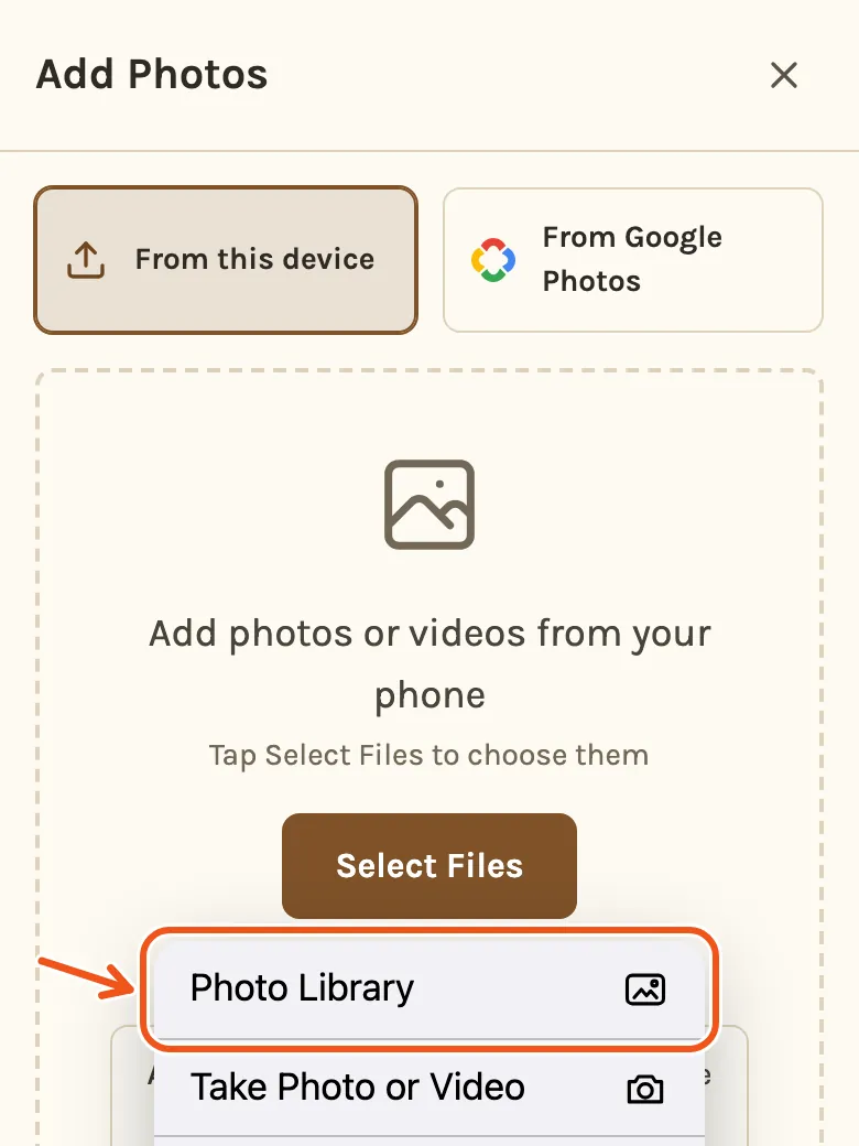 The iPhone's menu under Select Files: Photo Library, Take Photo or Video, Choose Files, with Photo Library marked.