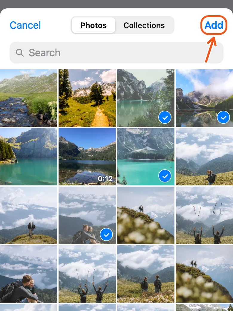 The iPhone's photo picker with four photos ticked, and Add marked at the top right.
