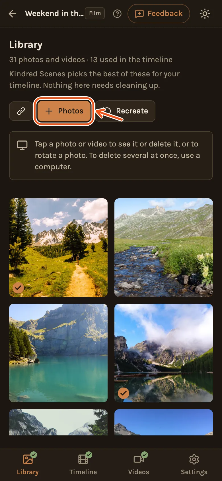A phone showing the Library tab, with Photos marked at the top.