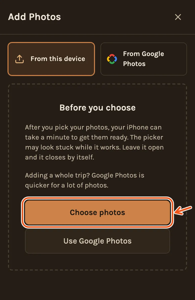 Before you choose, on an iPhone: the phone can take a minute to get the photos ready after you pick them. Choose photos is marked.