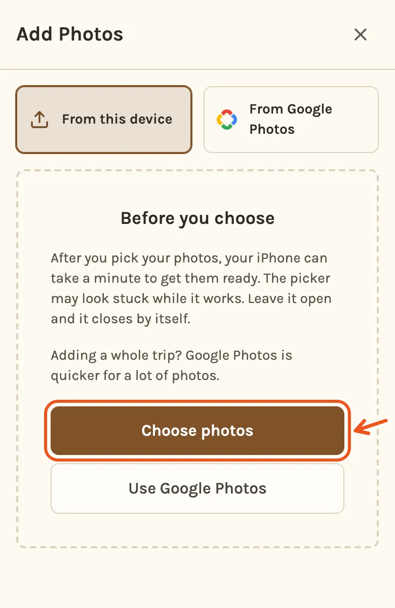 Before you choose, on an iPhone: the phone can take a minute to get the photos ready after you pick them. Choose photos is marked.