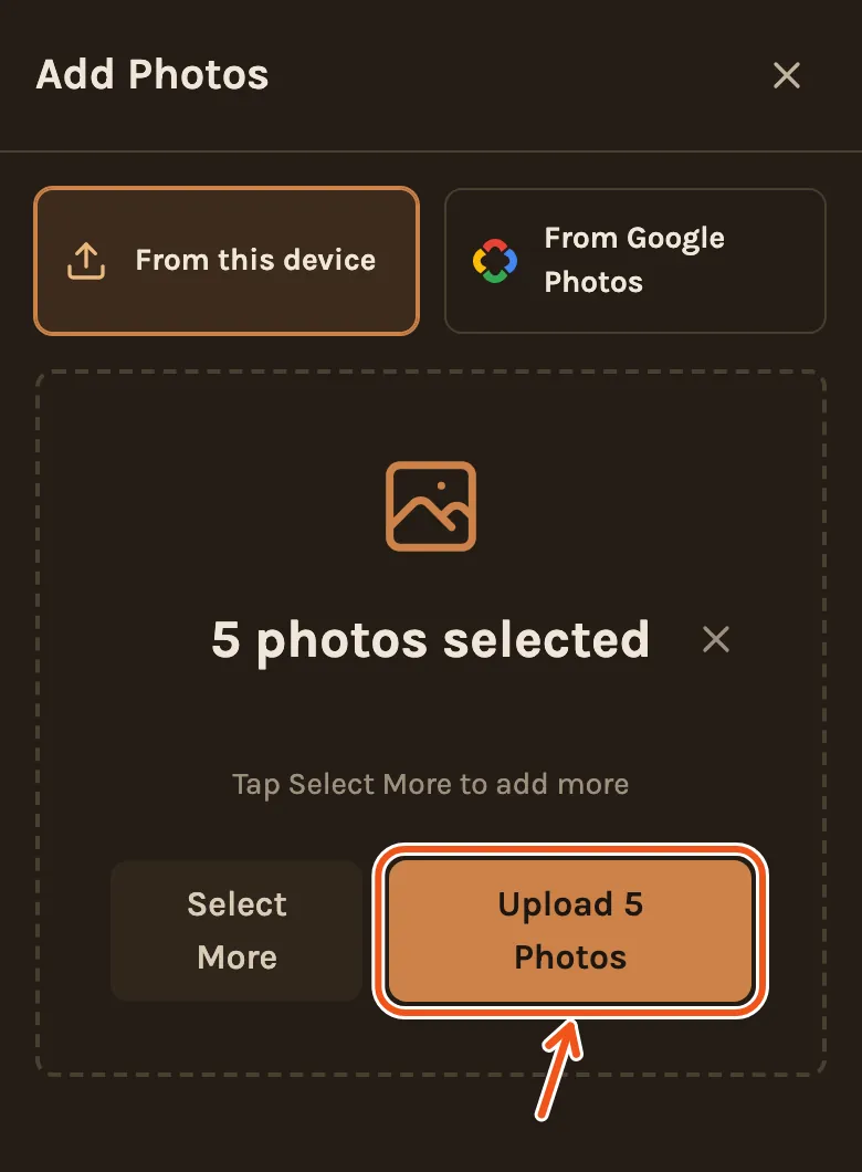 Five photos picked on a phone, with Upload 5 Photos marked.