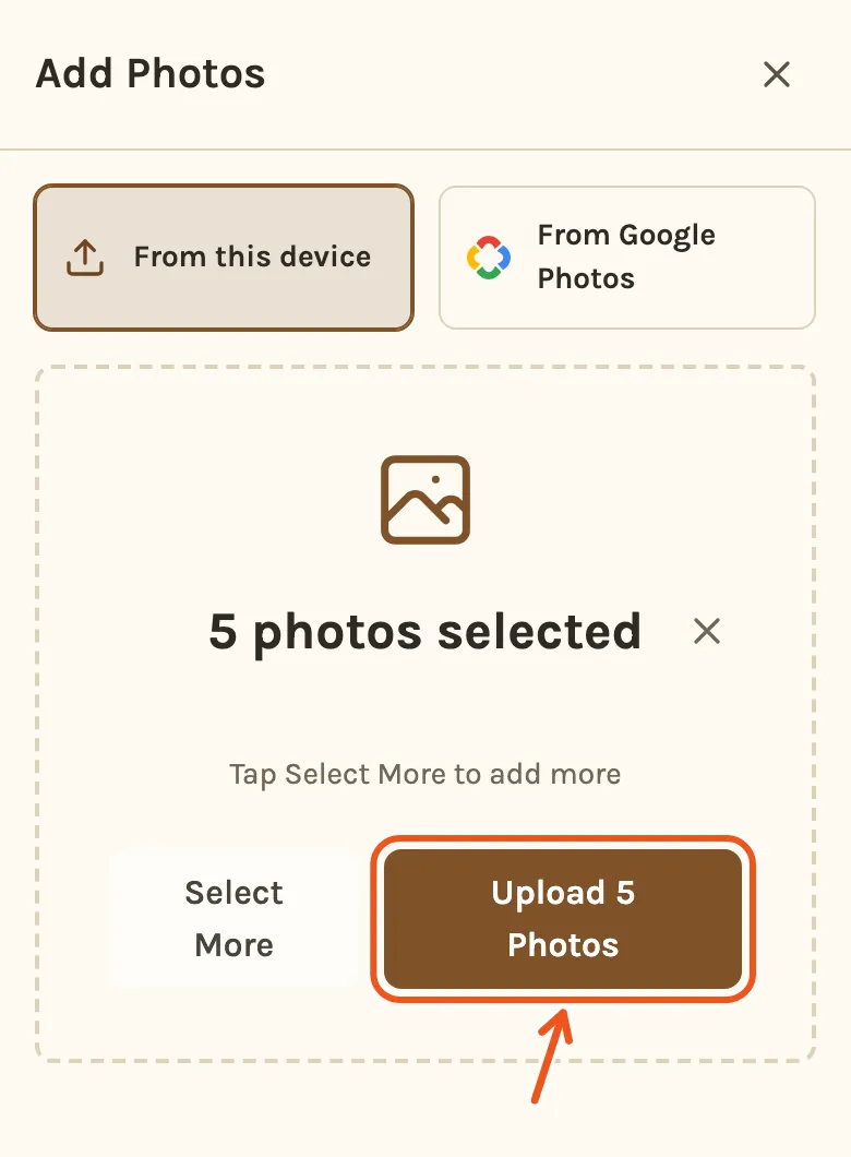 Five photos picked on a phone, with Upload 5 Photos marked.