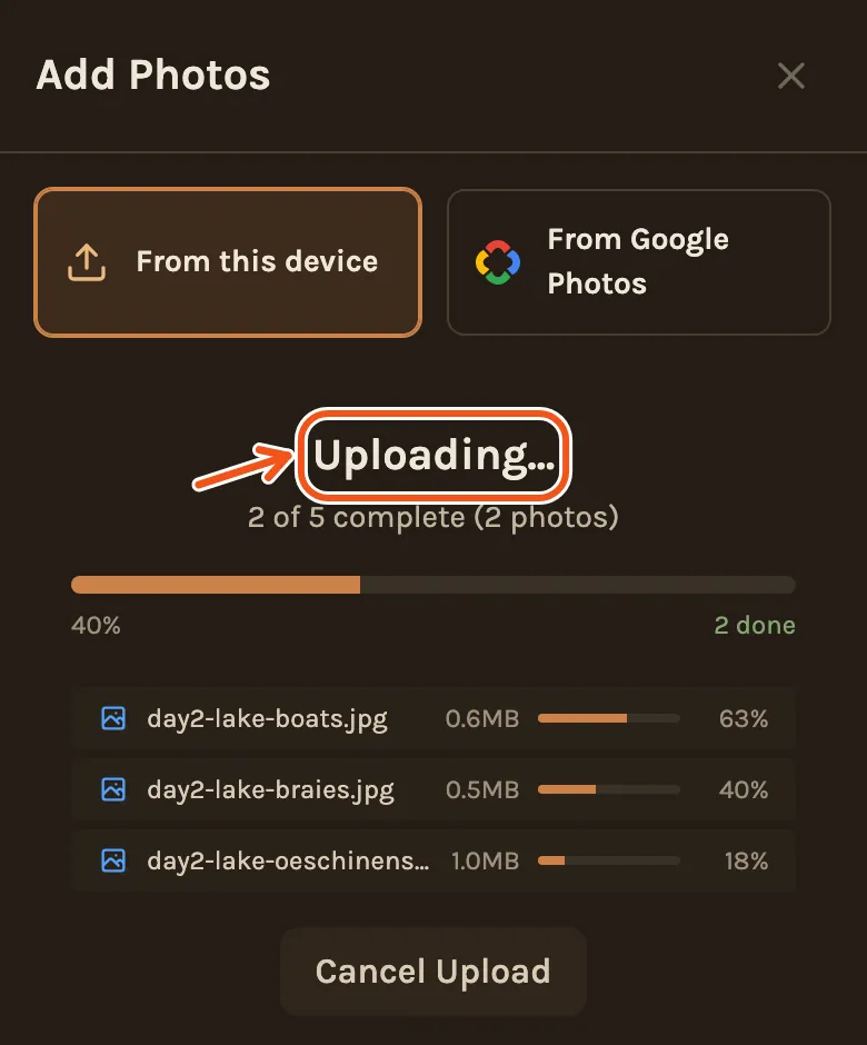 Uploading on a phone, with two of five done and a progress bar.