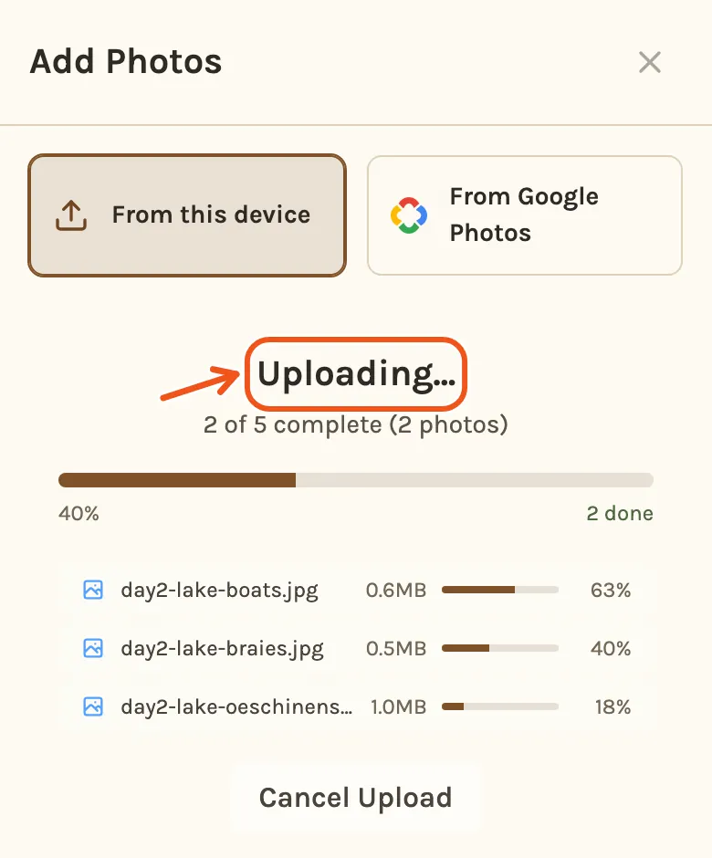 Uploading on a phone, with two of five done and a progress bar.