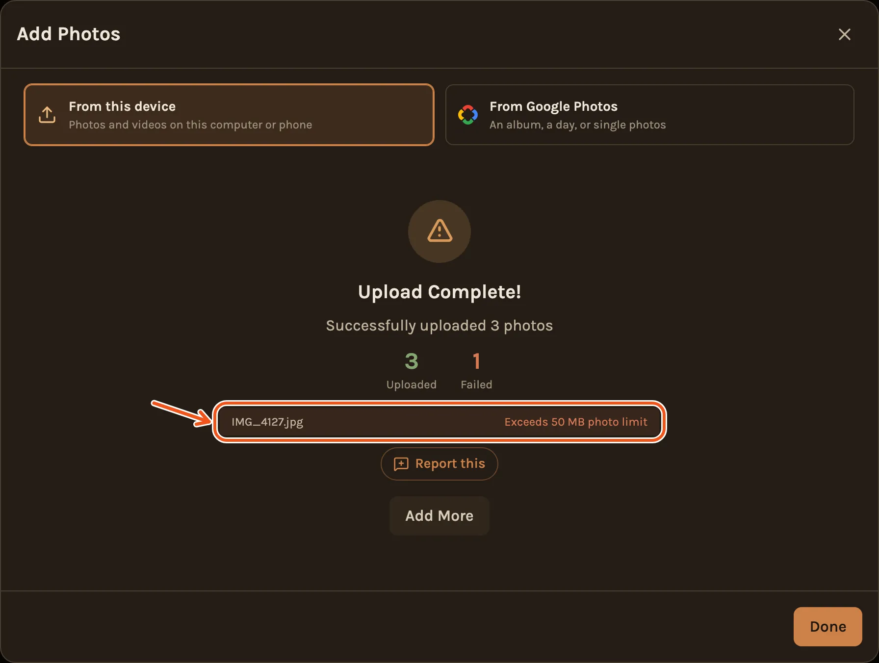 Upload Complete with three uploaded and one failed, and the refused photo marked in red: Exceeds 50 MB photo limit.