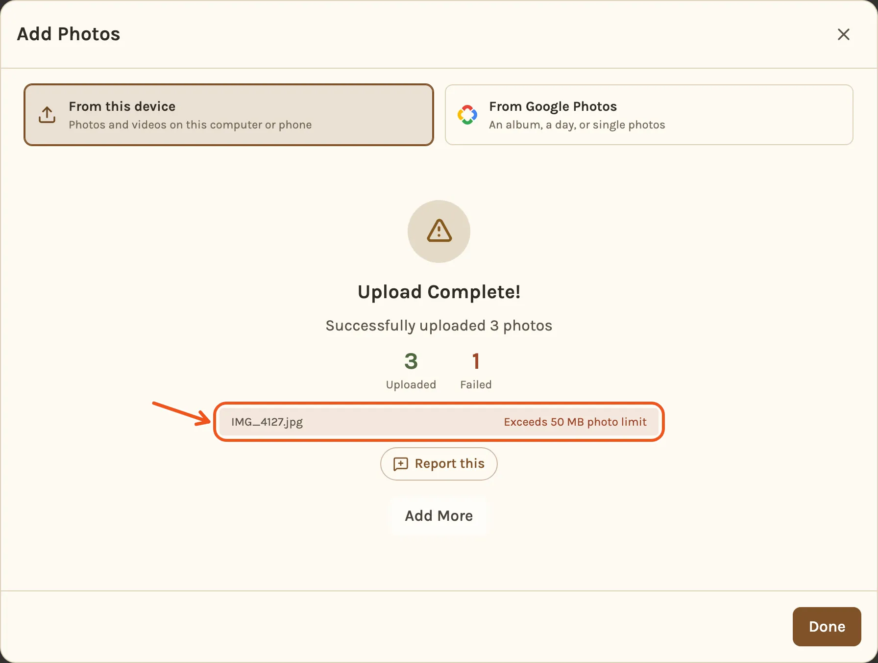 Upload Complete with three uploaded and one failed, and the refused photo marked in red: Exceeds 50 MB photo limit.