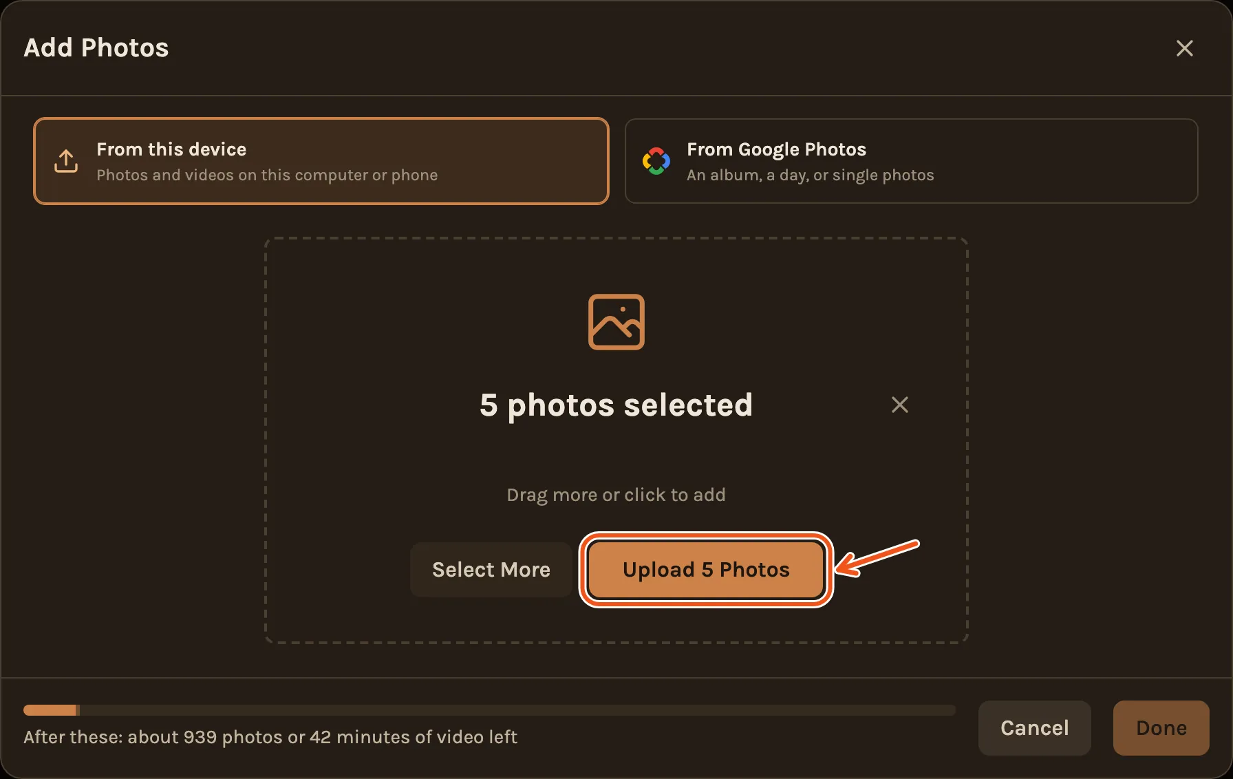 Five photos picked and ready, with the Upload 5 Photos button marked. The bar at the bottom shows the room left after them.