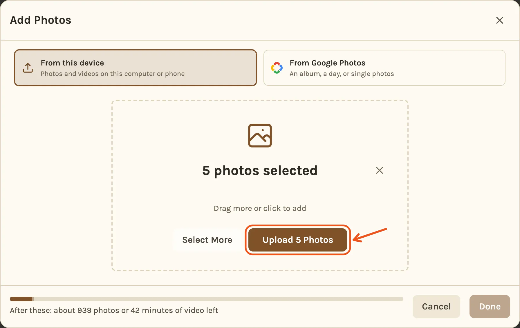 Five photos picked and ready, with the Upload 5 Photos button marked. The bar at the bottom shows the room left after them.