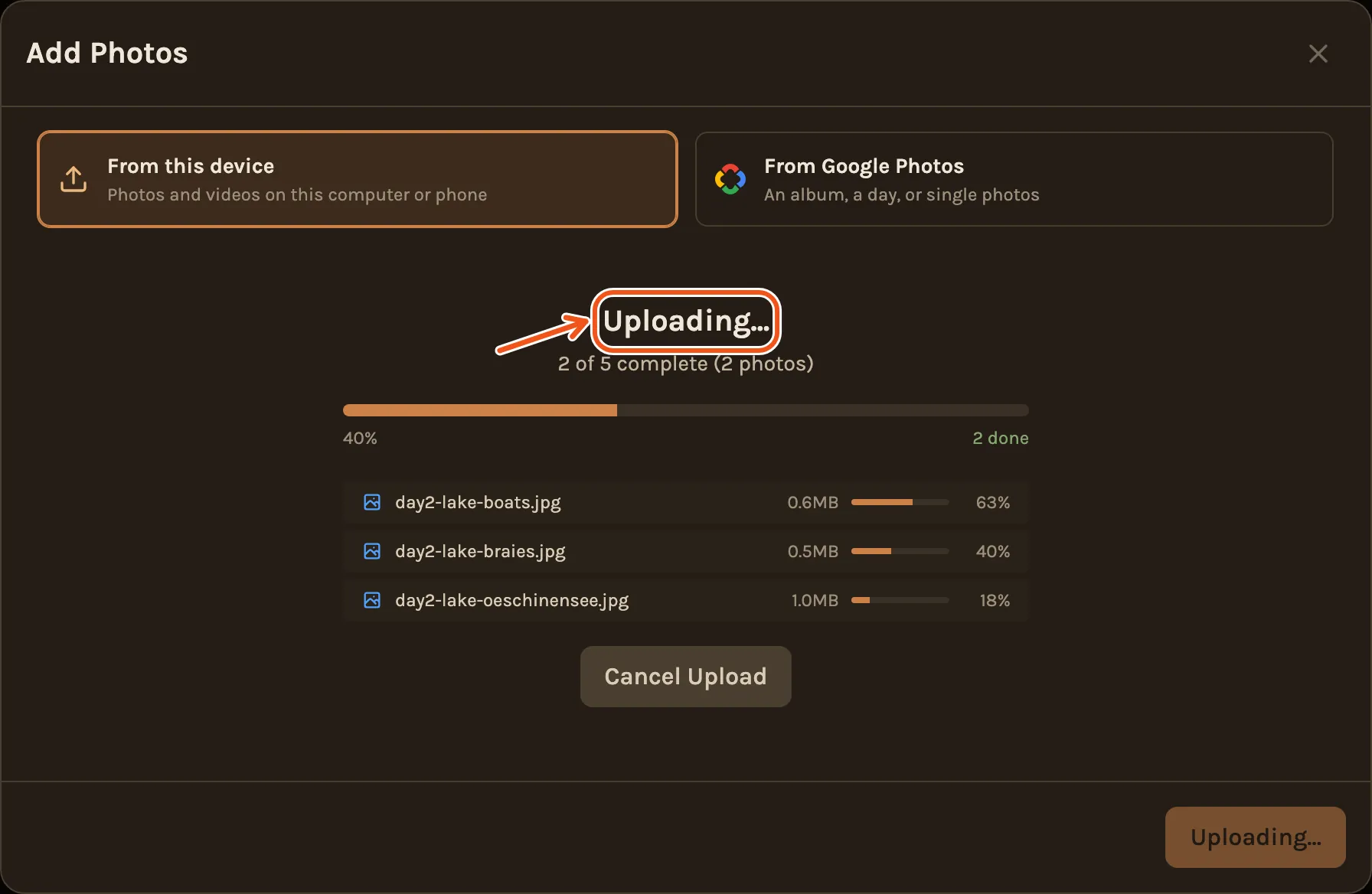 Uploading, with two of five photos done, a progress bar and a line for each photo still being sent.