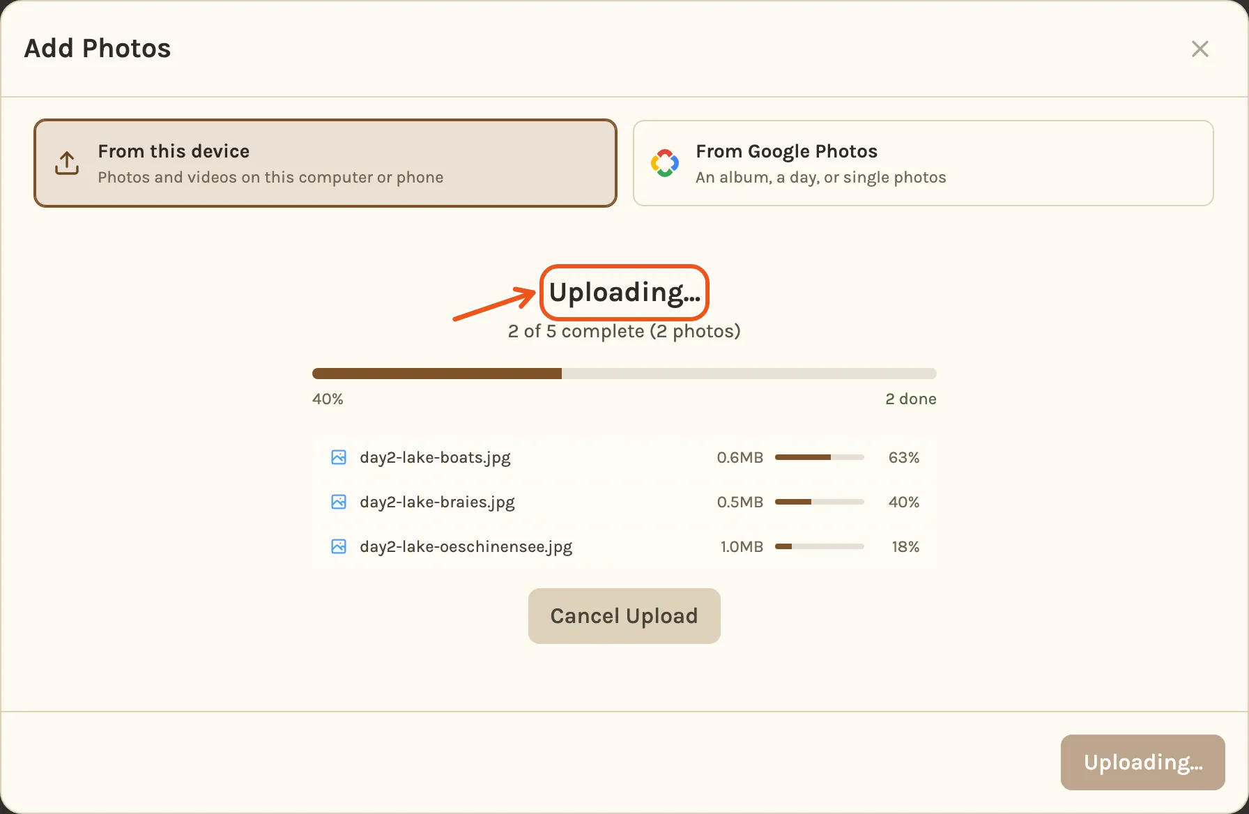 Uploading, with two of five photos done, a progress bar and a line for each photo still being sent.