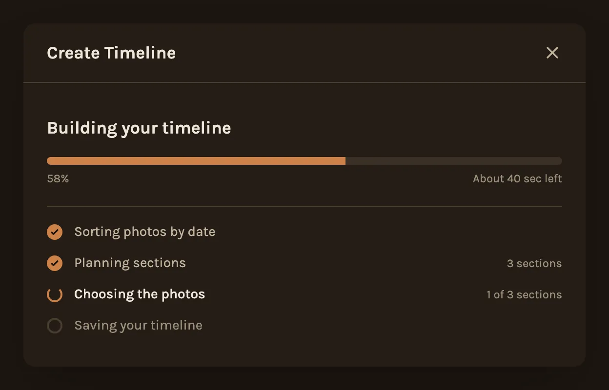 Building your timeline: dates sorted, sections planned, and photos being chosen for the first of three sections, about 40 seconds left.