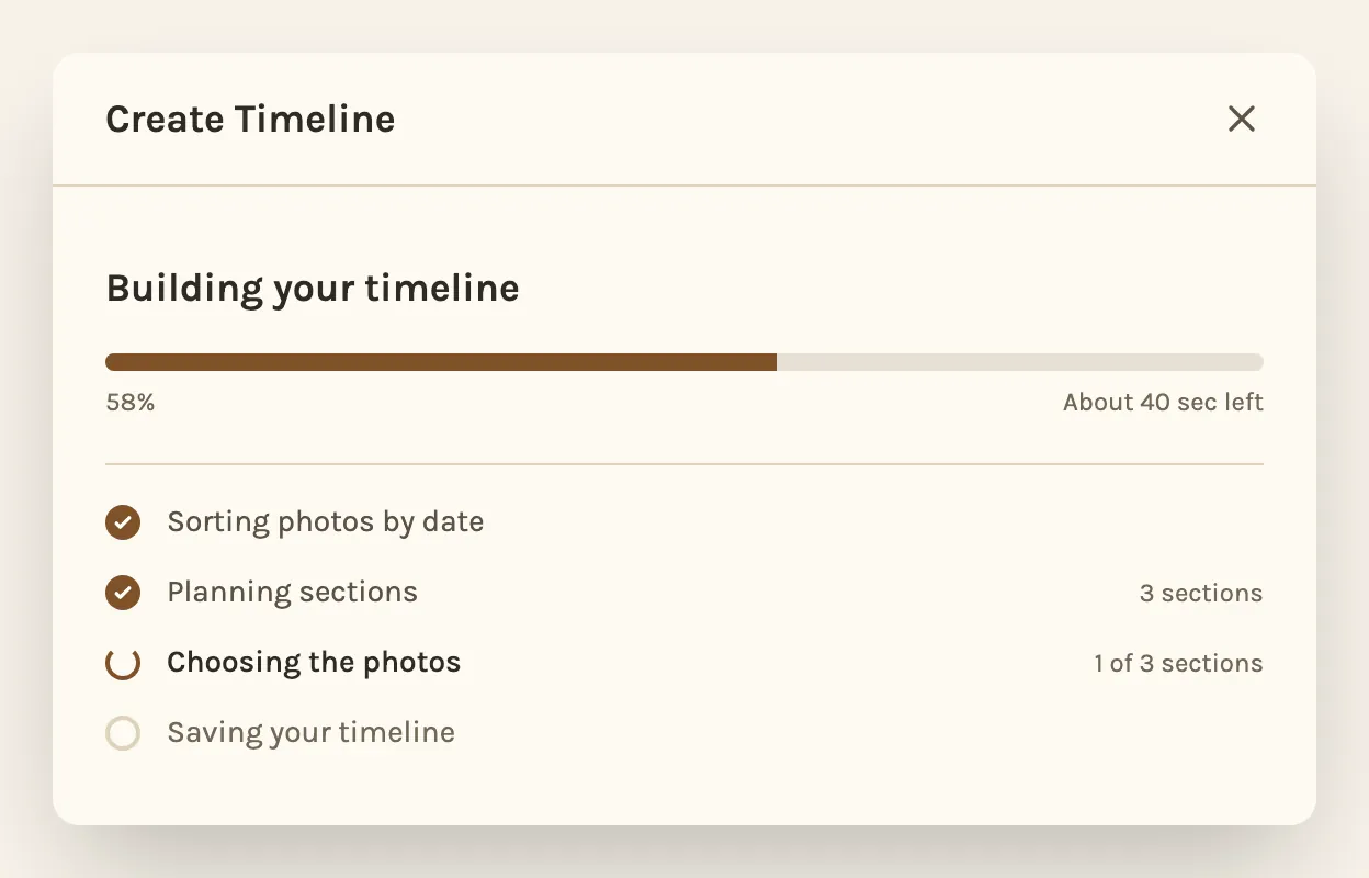 Building your timeline: dates sorted, sections planned, and photos being chosen for the first of three sections, about 40 seconds left.
