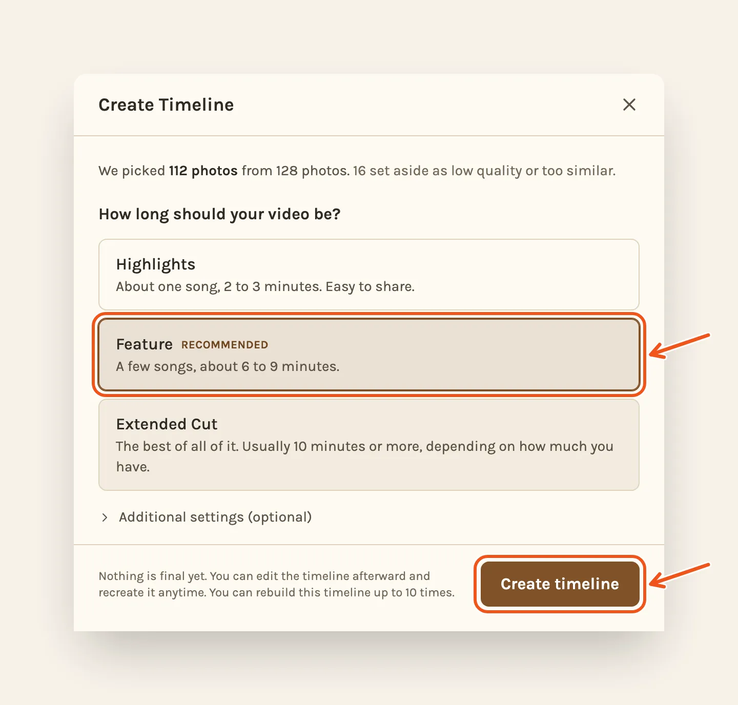 How long should your video be? 112 photos picked from 128, then Highlights, Feature and Extended Cut, with Feature and Create timeline marked.