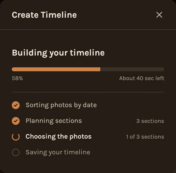 Building your timeline on a phone, choosing the photos for each section.