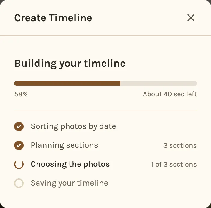 Building your timeline on a phone, choosing the photos for each section.