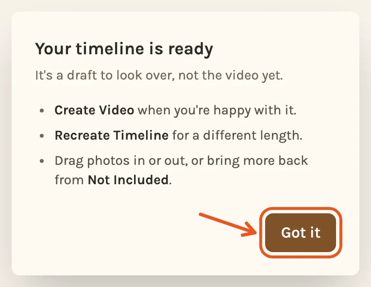 The Your timeline is ready note on a phone, with Got it marked.