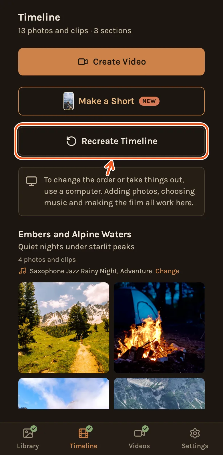 The Timeline tab on a phone, with Recreate Timeline marked under Create Video and Make a Short.