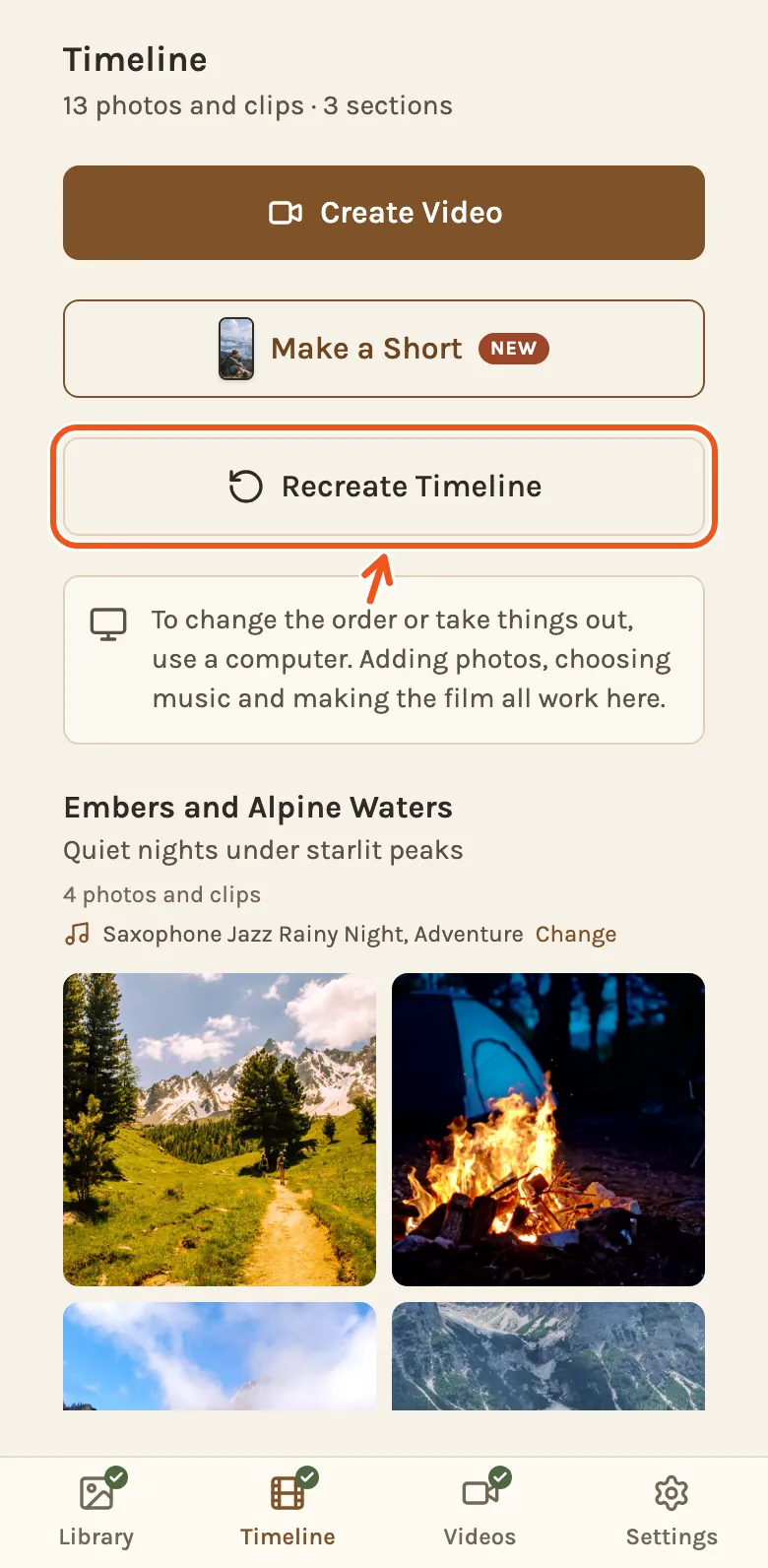 The Timeline tab on a phone, with Recreate Timeline marked under Create Video and Make a Short.