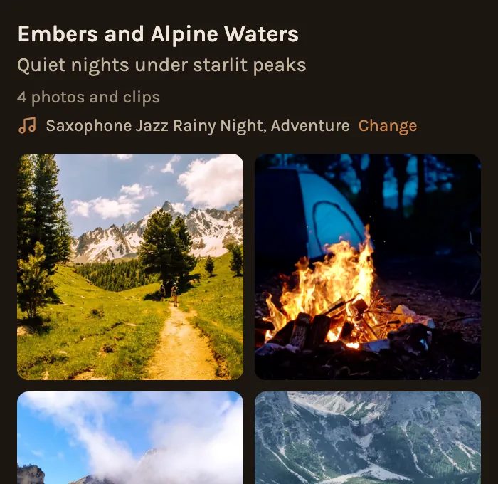 A finished chapter on a phone: its title, subtitle, song and photos.