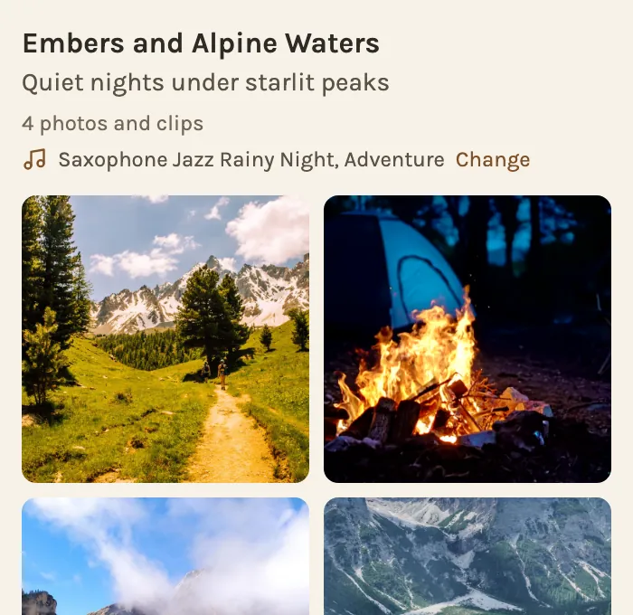 A finished chapter on a phone: its title, subtitle, song and photos.