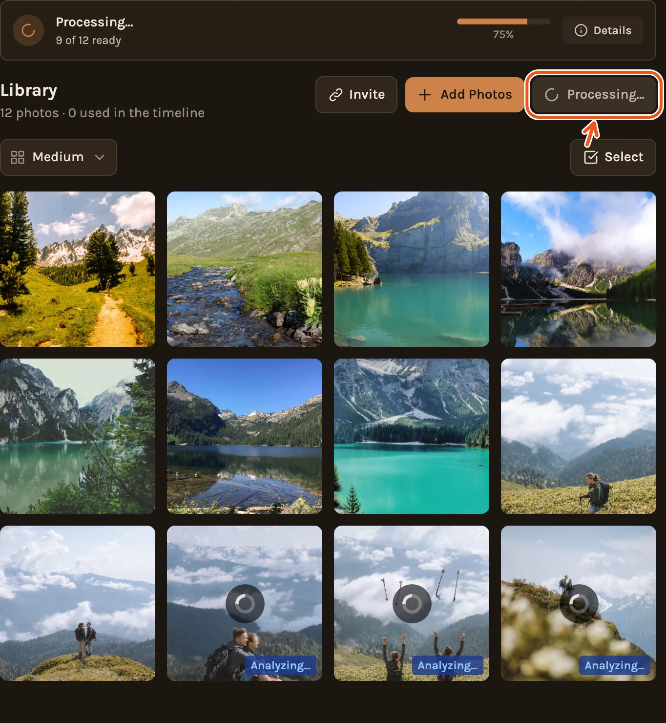 The Library while three photos are still being read: the Processing bar at the top, the photos marked Analyzing, and the waiting Processing button marked.