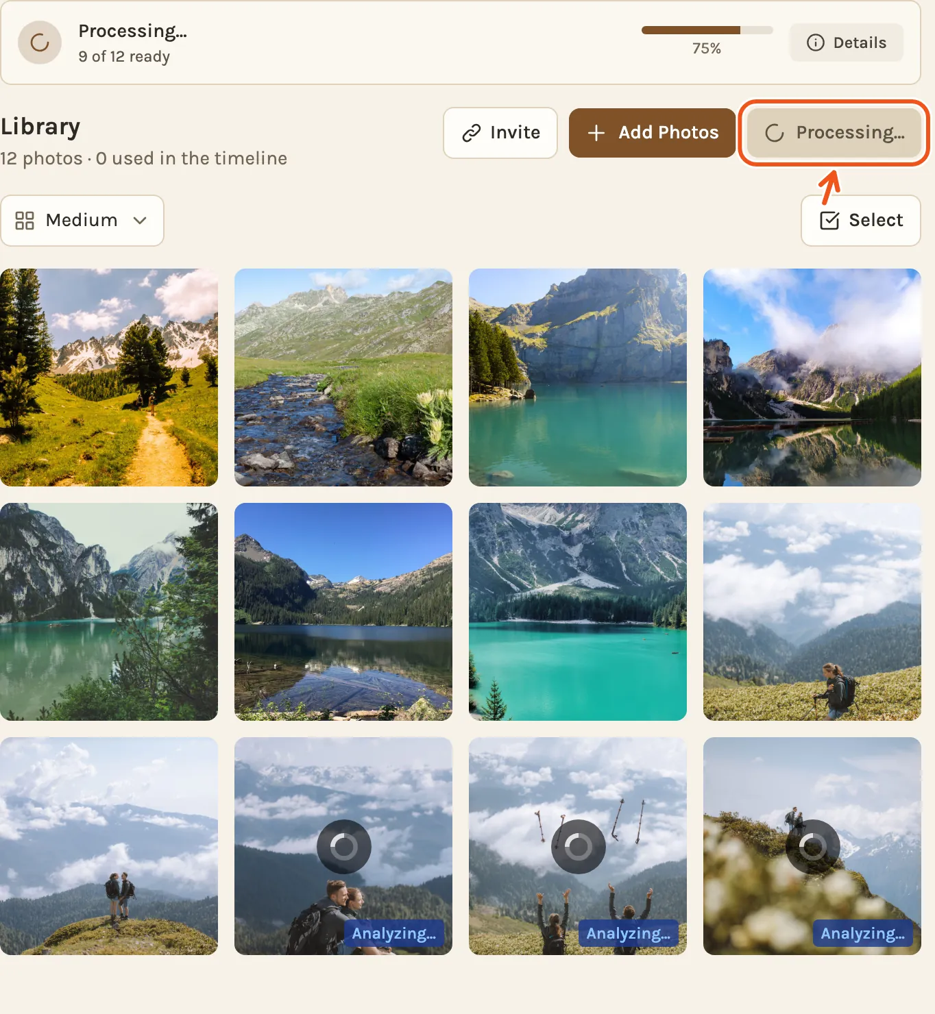 The Library while three photos are still being read: the Processing bar at the top, the photos marked Analyzing, and the waiting Processing button marked.