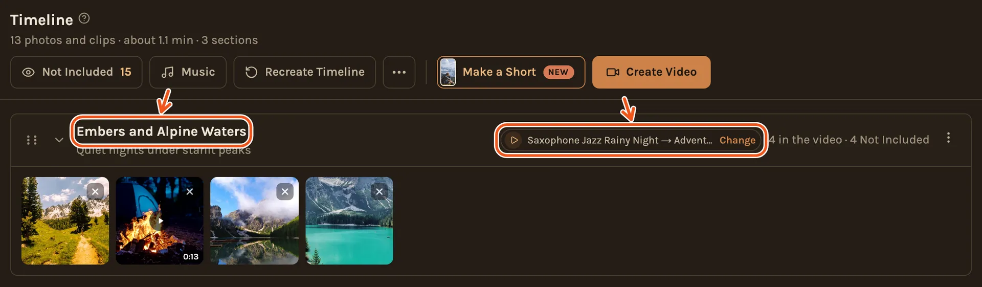 A finished timeline: the page's buttons, then the first chapter with its title and its song marked, and its photos and clip.