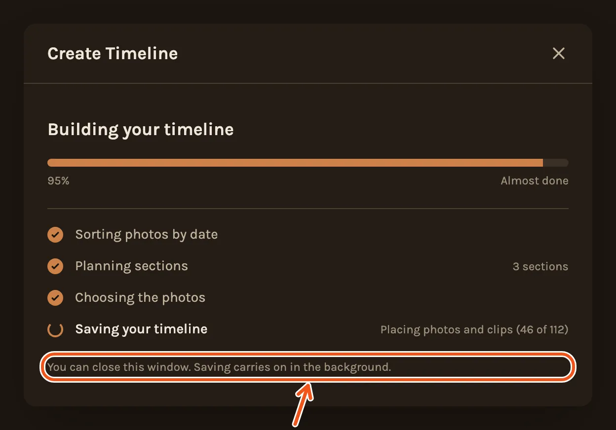 Saving the new timeline, with the line You can close this window marked.