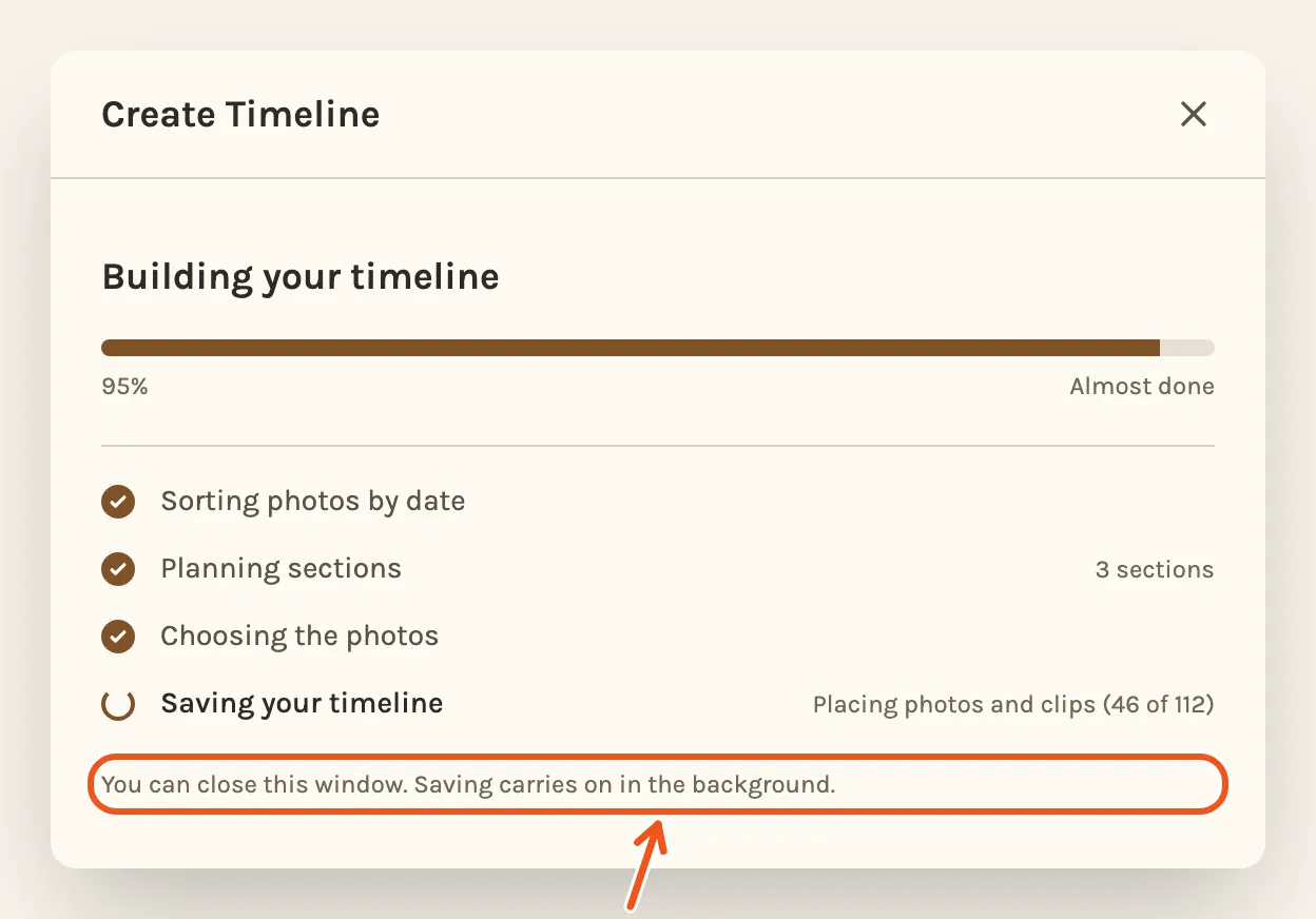 Saving the new timeline, with the line You can close this window marked.