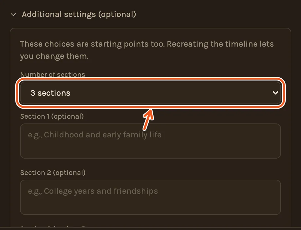 Additional settings open, with Number of sections set to 3 sections and marked, and a box to describe each chapter.
