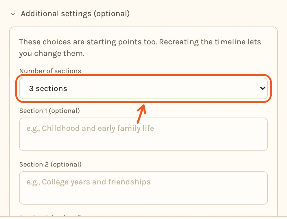 Additional settings open, with Number of sections set to 3 sections and marked, and a box to describe each chapter.