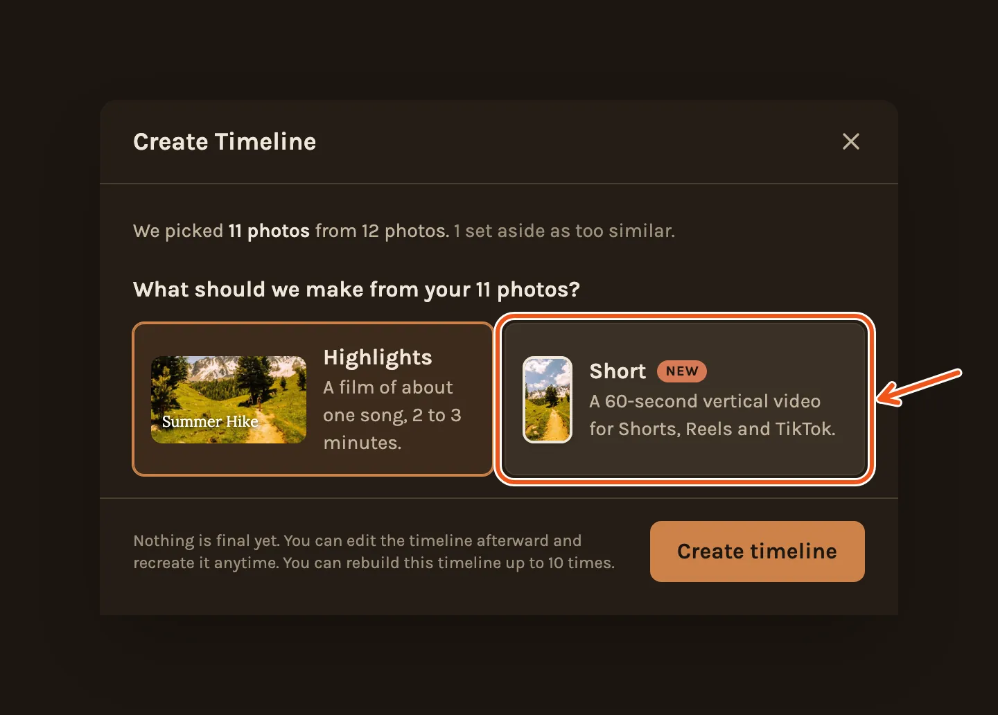 A small project's length step: 11 photos picked from 12, and a choice of Highlights or a Short, with Short marked.