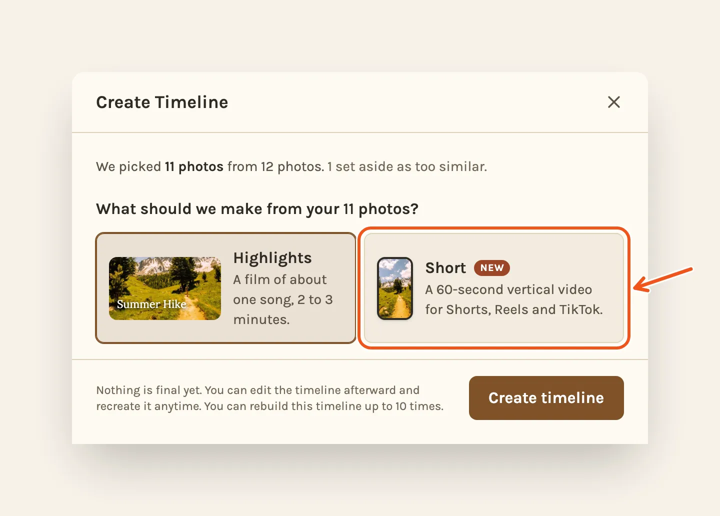 A small project's length step: 11 photos picked from 12, and a choice of Highlights or a Short, with Short marked.
