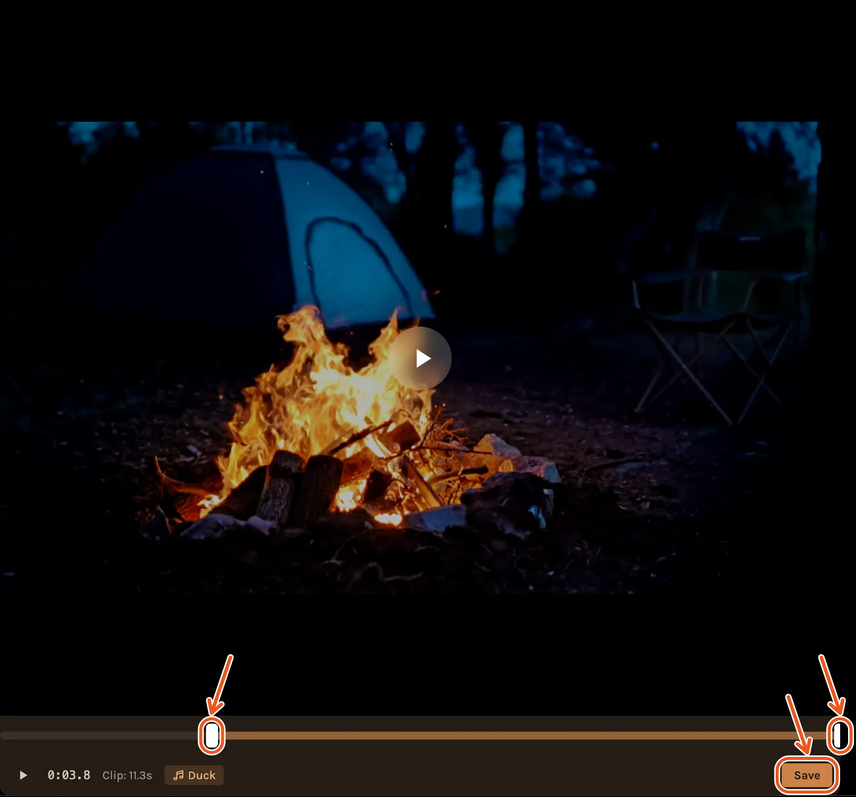 A video clip open in the viewer, with the two trim handles under it and Save marked.