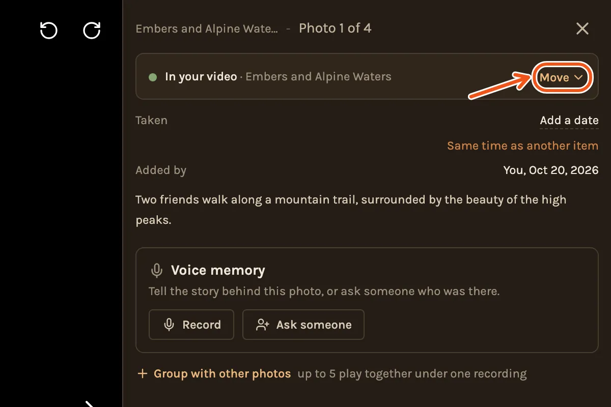 A photo opened from the timeline: In your video and its chapter, with Move marked.