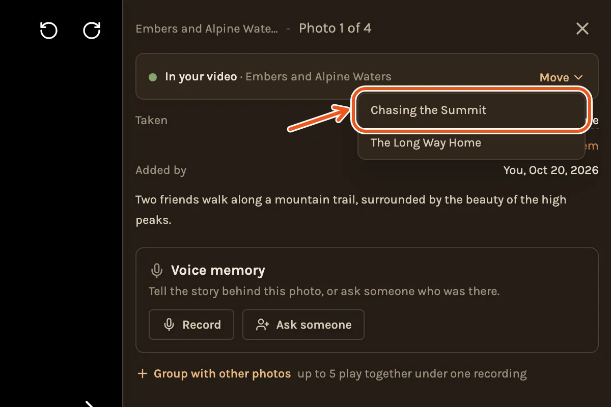 The Move menu open on a photo, listing the other chapters, with one of them marked.