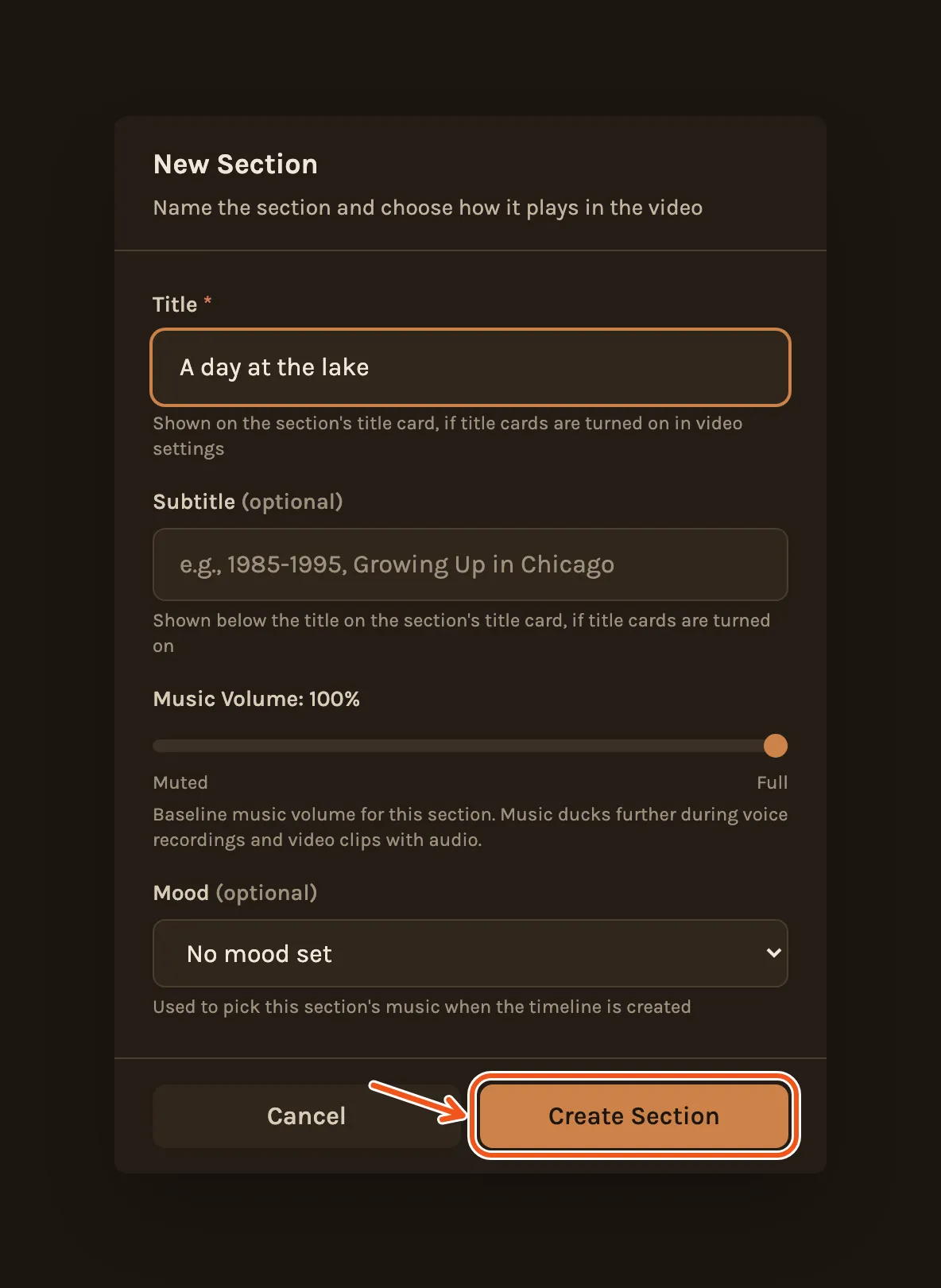 The New Section window with a title typed, with Create Section marked.