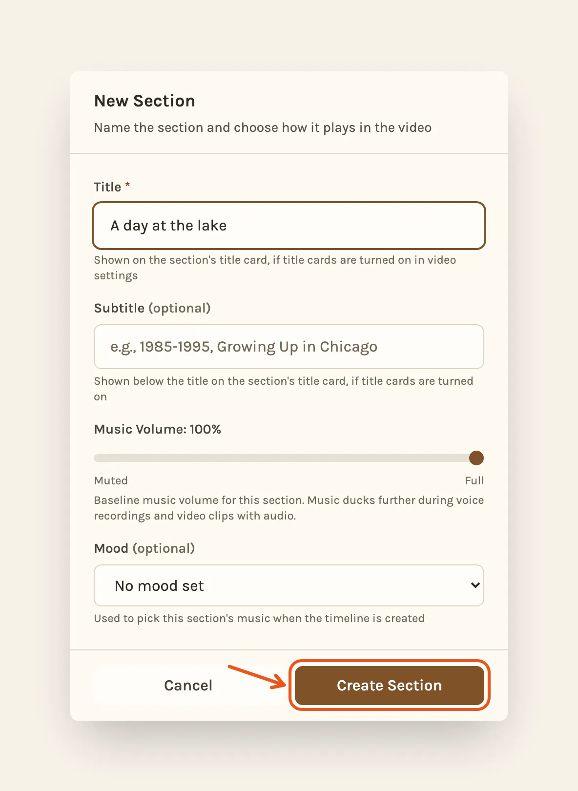 The New Section window with a title typed, with Create Section marked.