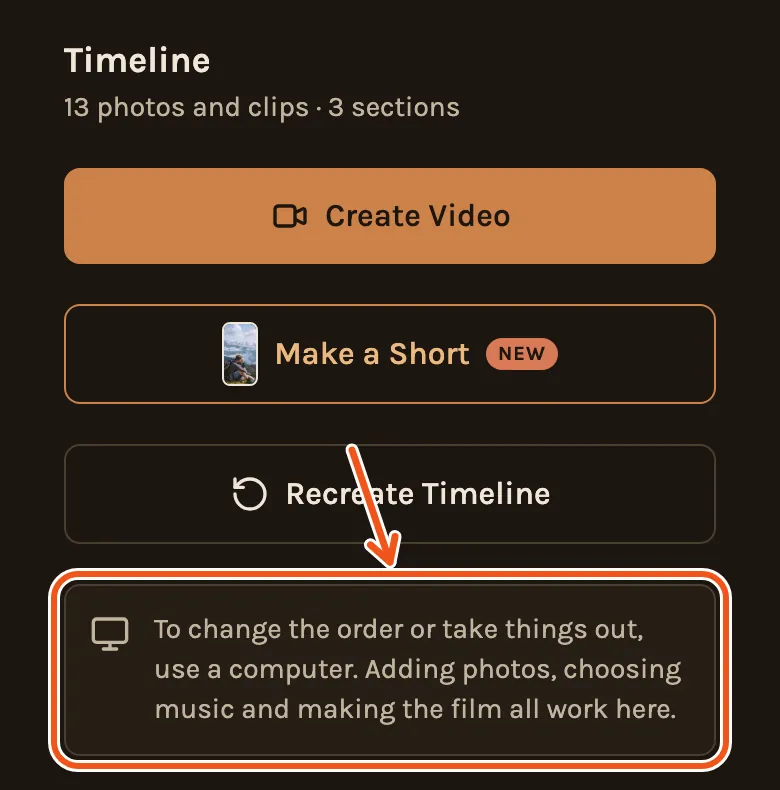 The Timeline tab on a phone, with the note that changing the order needs a computer marked.
